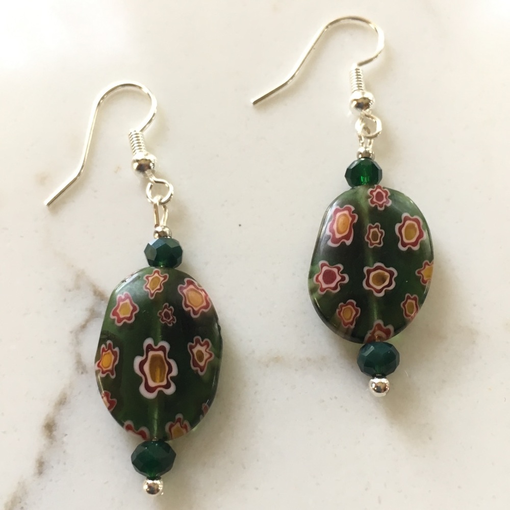 Dark green handmade millefiori earrings